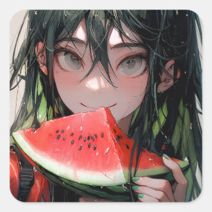 Juicy Summer Watermelon Anime Girl Quadratischer Aufkleber