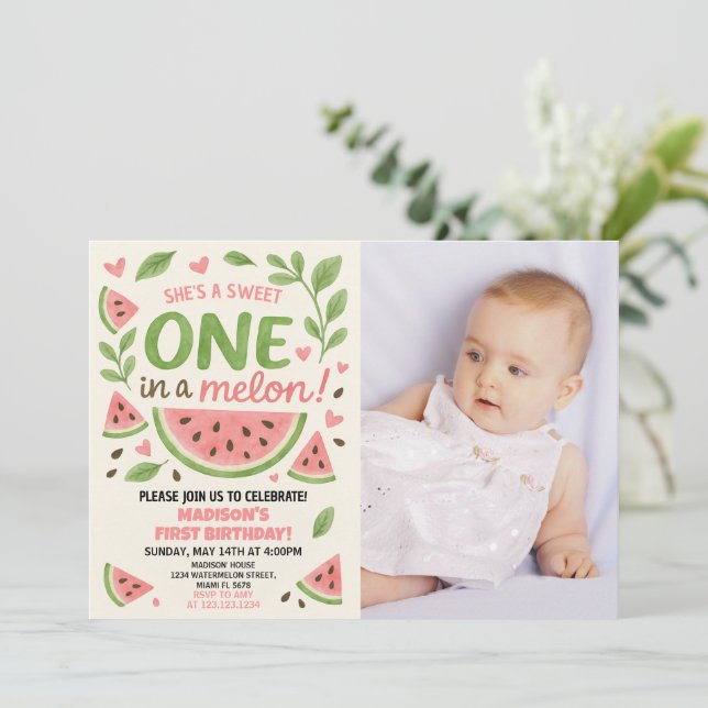 Juicy Watermelon Einladung zum 1. Geburtstag (Stehend Vorderseite)
