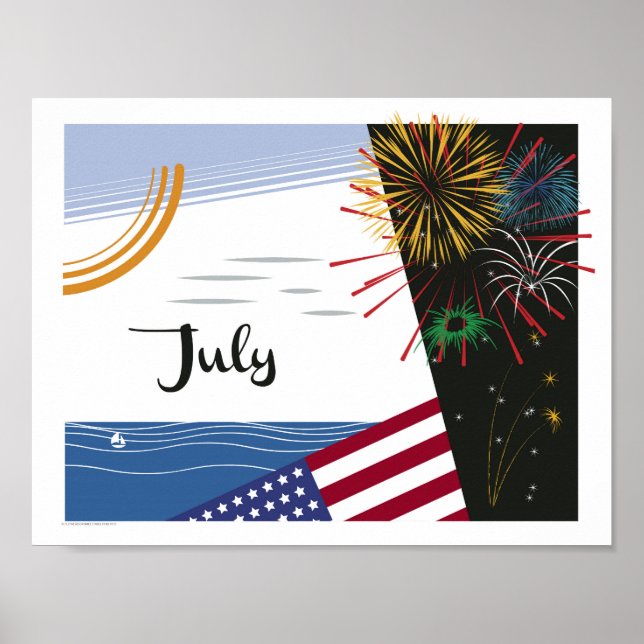 Juillet Art Déco Plage scène avec Drapeau et feux  (Devant)