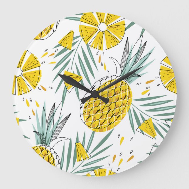 Juky Ananas: Vintages, helles Muster. Große Wanduhr (Vorderseite)