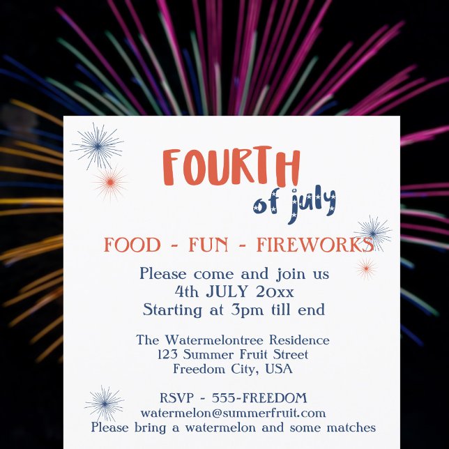Juli Food Fun Fireworks Party Einladung (Food, Fun, Fireworks! Perfect for a 4th of July Party)