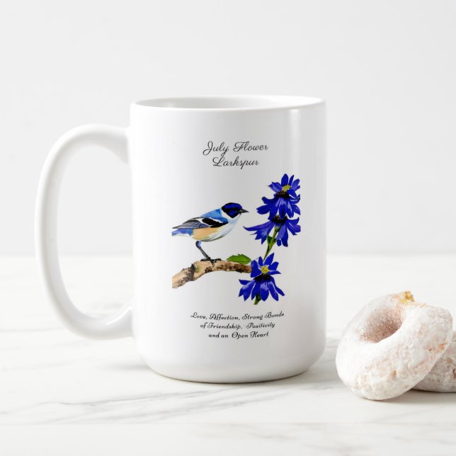 Juli Geburtmonat Blume Bluebird und Larkspur Kaffeetasse (Mit Donut)