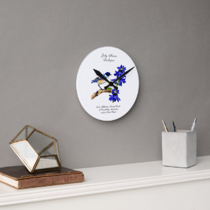 Juli Geburtmonat Blume Bluebird und Larkspur Runde Wanduhr
