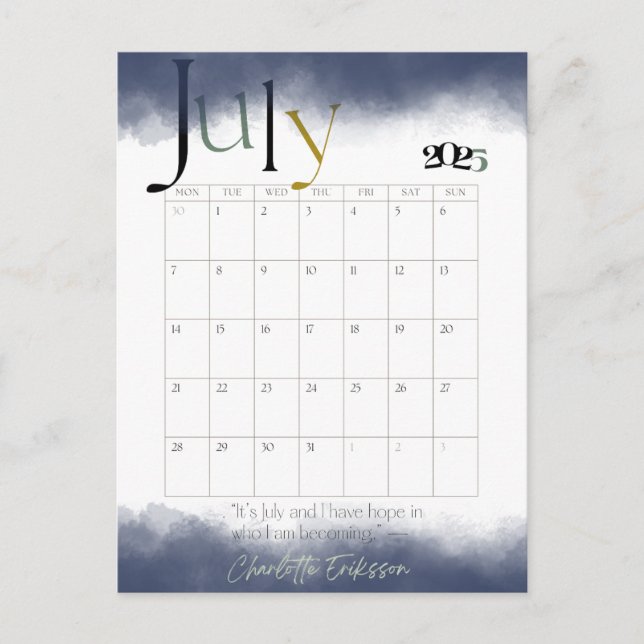 Juli Gray Modern Monthly Calendar 2025 Postkarte (Vorderseite)