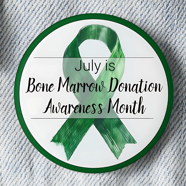 Juli Knochenmark Spendenmonat Button (July is Bone Marrow Donation Awareness Month pinback button. Green awareness ribbon.)