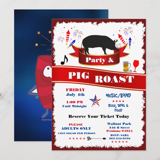 Juli Party Einladung Pig Roast (Vorne/Hinten)