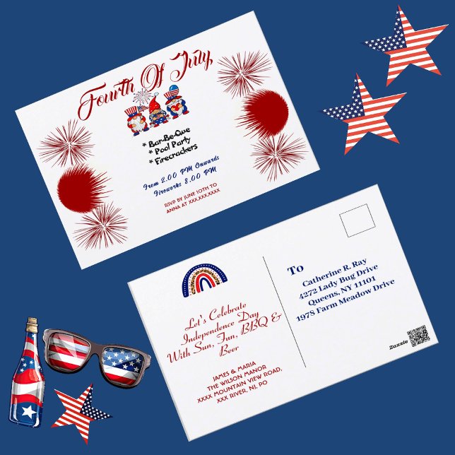 Juli Patriotic Gnomes GRILLEN Einladung Postkarte (4th July Patriotic Gnomes BBQ Invitation Postcard)