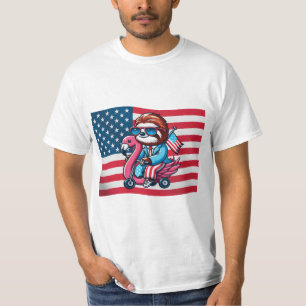 Juli Sloth Flamingo American Flag USA Fourt T-Shirt