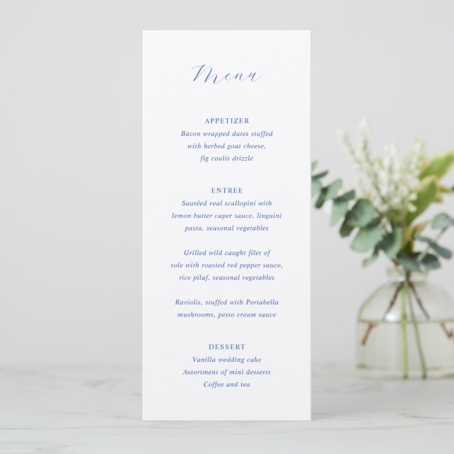Julia Blue Traditional Elegante Wedding Menükarte (Stehend Vorderseite)