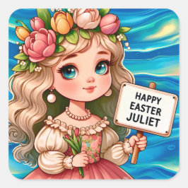 JULIET ~ HAPPY EASTER ~ Blume ~ Quadratischer Aufkleber