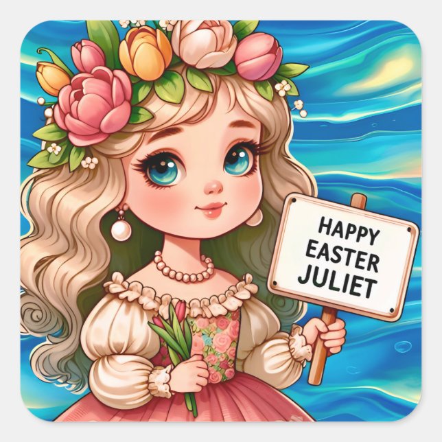 JULIET ~ HAPPY EASTER ~ Blume ~ Quadratischer Aufkleber (Vorderseite)