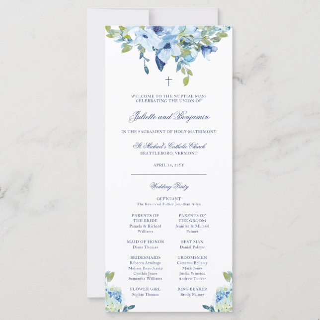 Juliette Blue Floral Catholic Wedding Program Mass (Vorderseite)