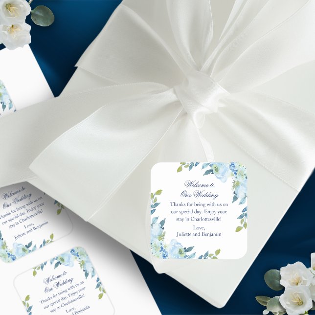 Juliette Blue Hotel Gäste Wedding Welcome Bag Quadratischer Aufkleber (Welcome your guests in style with these lovely gift stickers)
