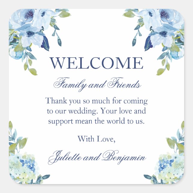 Juliette Dusty Blue Floral Wedding Welcome Bag Quadratischer Aufkleber (Vorderseite)