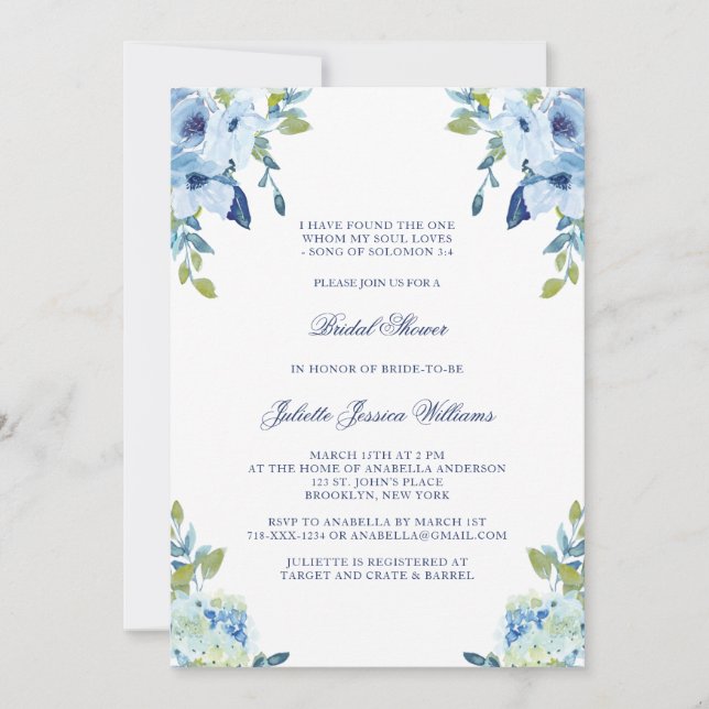 Juliette Elegant Floral Dusty Blue Brautparty Einladung (Vorderseite)