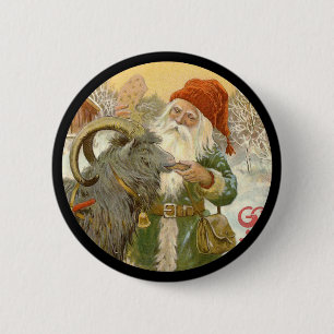 Jultomten füttert Weihnachten-Ziege ein Plätzchen Button