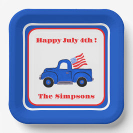 July 4th Handpainted Vintage Blue Truck USA Flag Pappteller