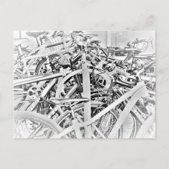 Jumble of Bicycles Parkplatz Fahrradbahn Rack BW Postkarte (Vorderseite)