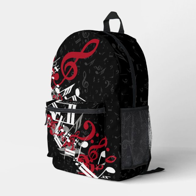 Jumbled Musiknotens Rot Grau und Weiß auf Schwarz Bedruckter Rucksack (Rückseitige Ecke Rechts)