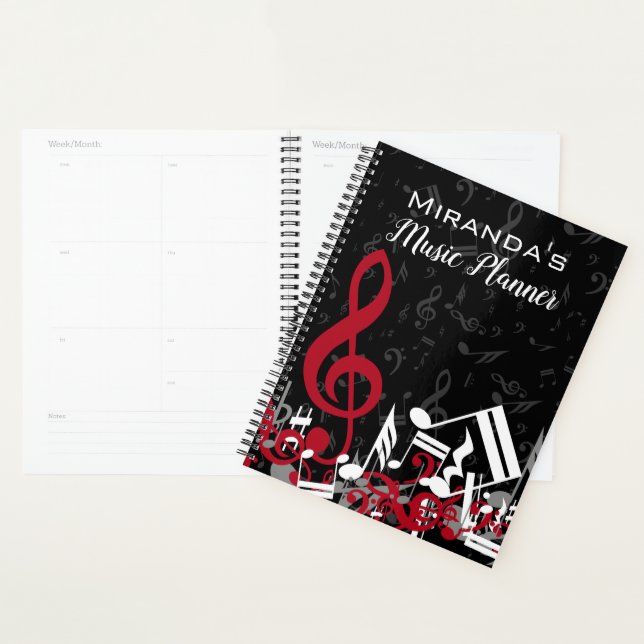 Jumbled Musiknotens Rot Grau und Weiß auf Schwarz Planer (Anzeige)
