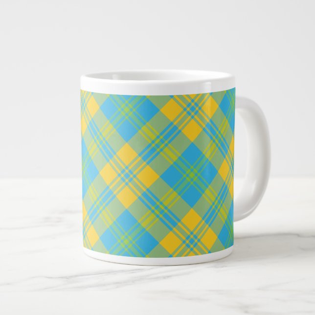 Jumbo Coffee Tasse: Blau, Gelb, Grün, Kariert Jumbo-Tasse (Vorderseite Rechts)