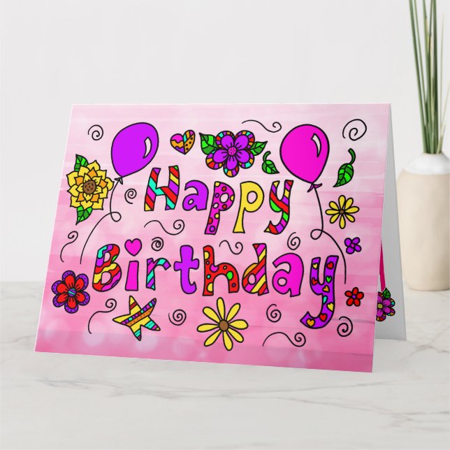 Jumbo Happy Birthday mit Blume und Balloons Karte (Vorderseite)