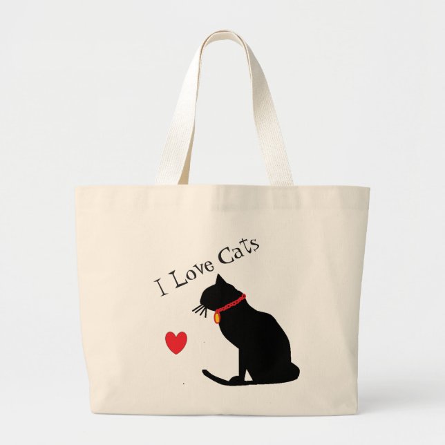 Jumbo I Liebe Katzen Rotes Herz und weiße grafisch Stoffbeutel (Vorne)