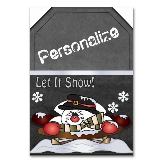Jumbo Snowman Sleighing Chalkboard Style Geschenk  Tischnummer (Vorderseite)