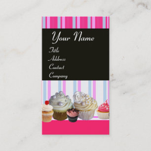 JUMMY CUPCAKES DESERT SHOP BLAUE WHITE PINK STRIPE VISITENKARTE