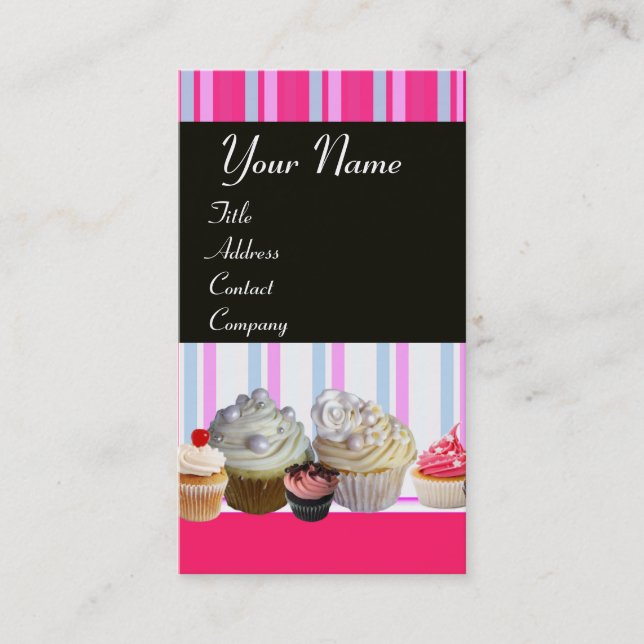 JUMMY CUPCAKES DESERT SHOP BLAUE WHITE PINK STRIPE VISITENKARTE (Vorderseite)