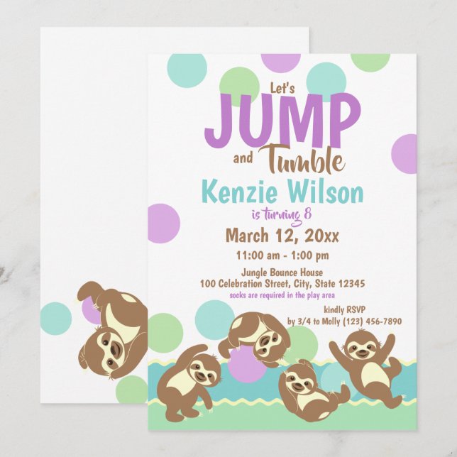 Jump and Tumble Sloths Geburtstagsparty Einladung (Vorne/Hinten)