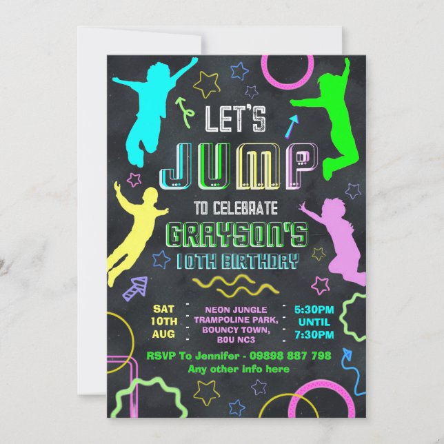 Jump birthday invitations, trampolining party einladung (Vorderseite)