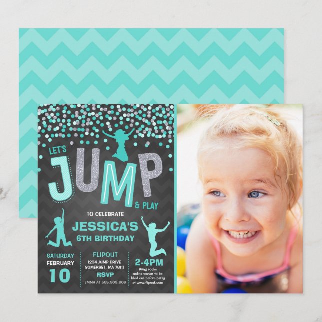 Jump Invitation à l'anniversaire Trampoline Party (Devant / Derrière)