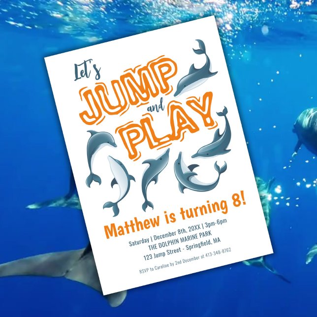Jump Play Dolphin Park Kinder Party Orange Geburts Einladung (Jump Play Dolphin Park Kids Party Orange Birthday Invitation)