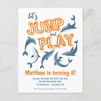 Jump Play Dolphin Park Kinder Party Orange Geburts Postkarte