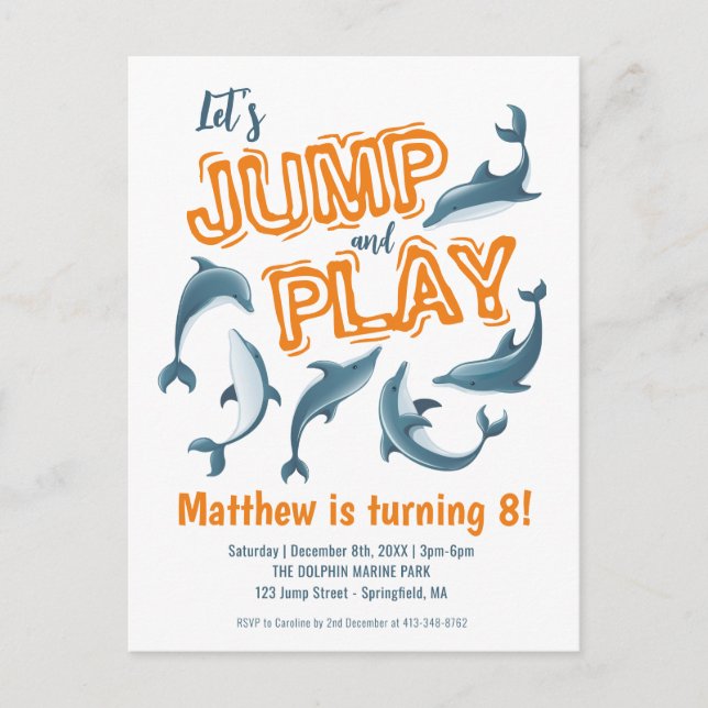 Jump Play Dolphin Park Kinder Party Orange Geburts Postkarte (Vorderseite)