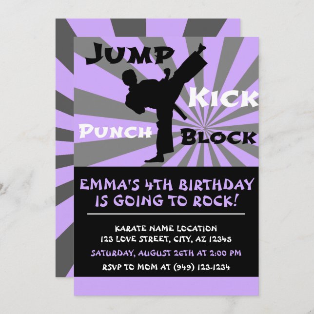 Jump Punch Kick Block Karate Party Geburtstag Einladung (Vorne/Hinten)