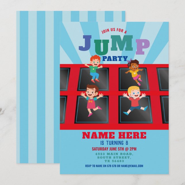Jump Trampolin Birthday Blue Boys Einladung (Vorne/Hinten)