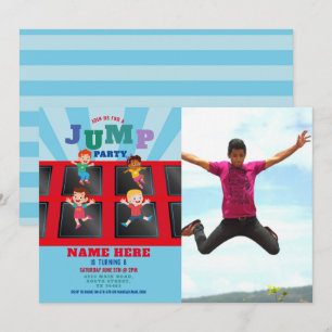 Jump Trampolin Birthday Blue Boys Foto Einladung