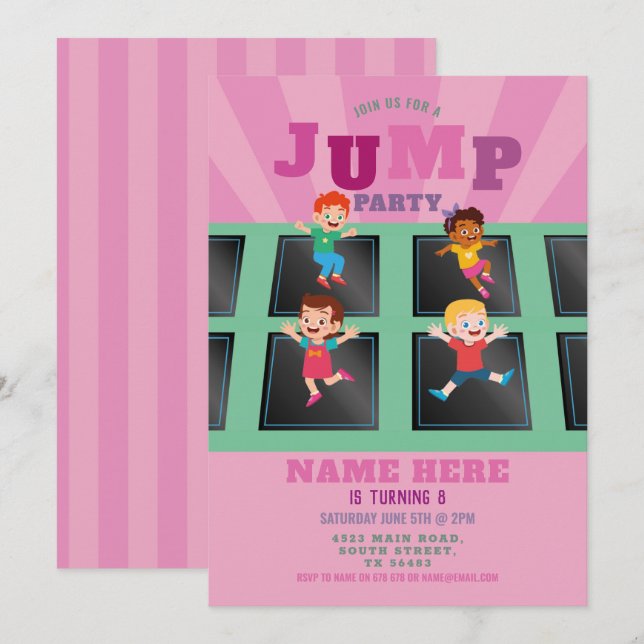 Jump Trampoline Birthday Girls Pink Invitation (Devant / Derrière)