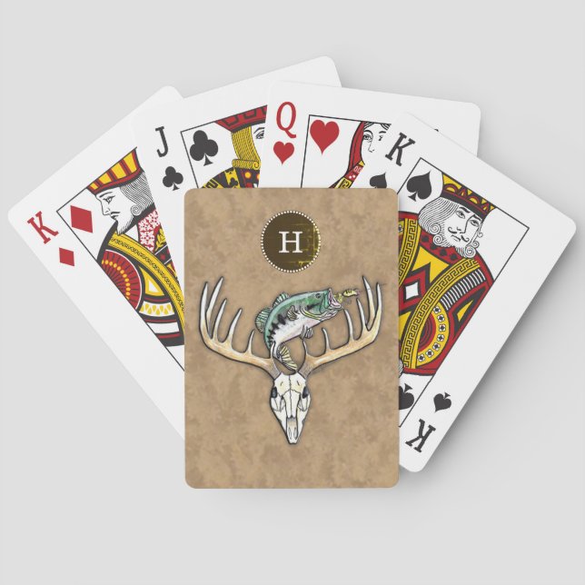 Jumping Bass über Big Buck Deer Skull Monogramm Spielkarten (Rückseite)
