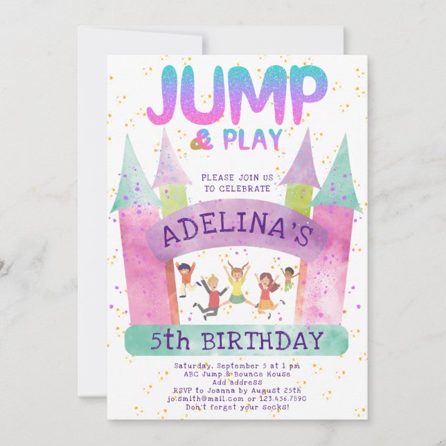 Jumping Castle Jump Gymnastik Kindergeburtstag Einladung (Vorderseite)
