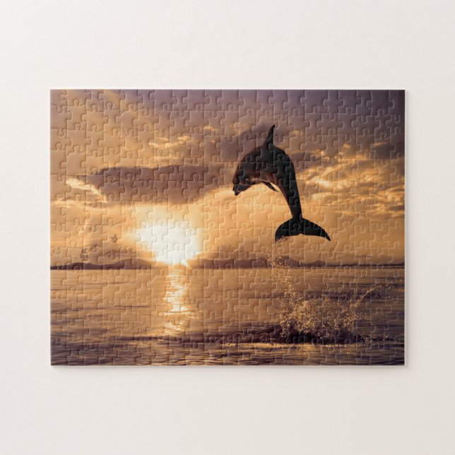 Jumping dauphin au coucher du soleil, Puzzle (Horizontal)