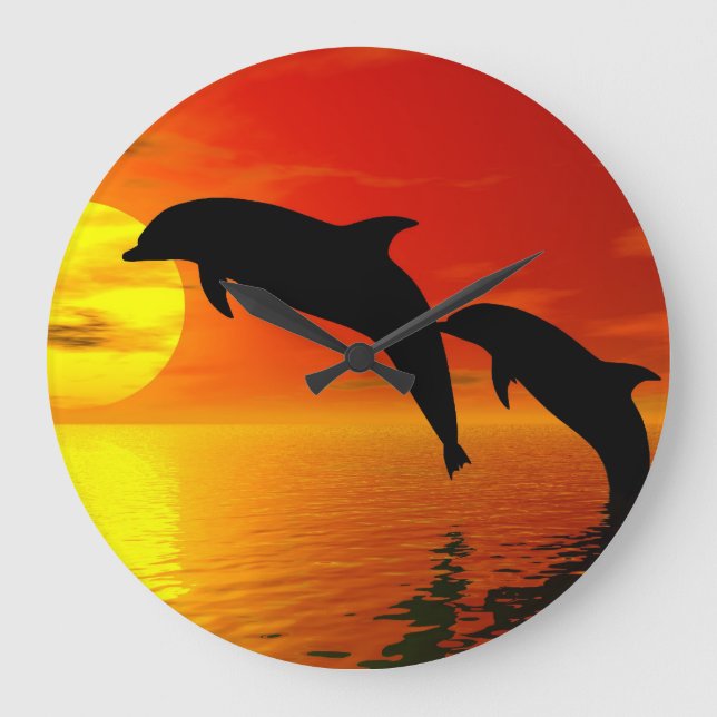 Jumping Delphine Sunset Wall Clock Große Wanduhr (Vorderseite)