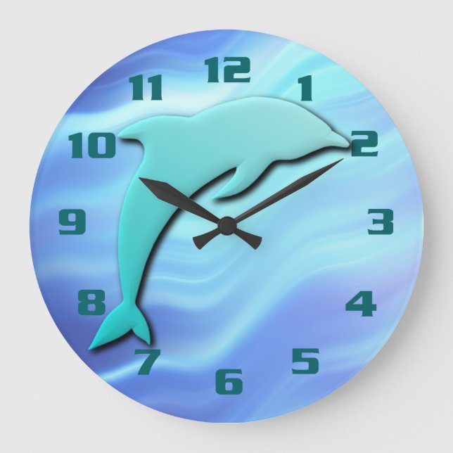 Jumping Dolphin 3D effect Cool Blue Große Wanduhr (Vorderseite)