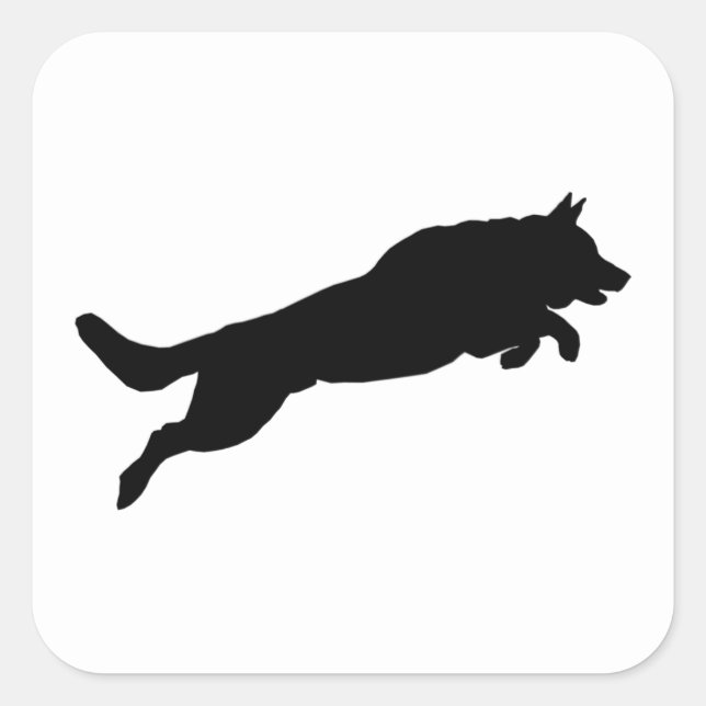 Jumping German Shepherd Silhouette Liebe Hunde Quadratischer Aufkleber (Vorderseite)