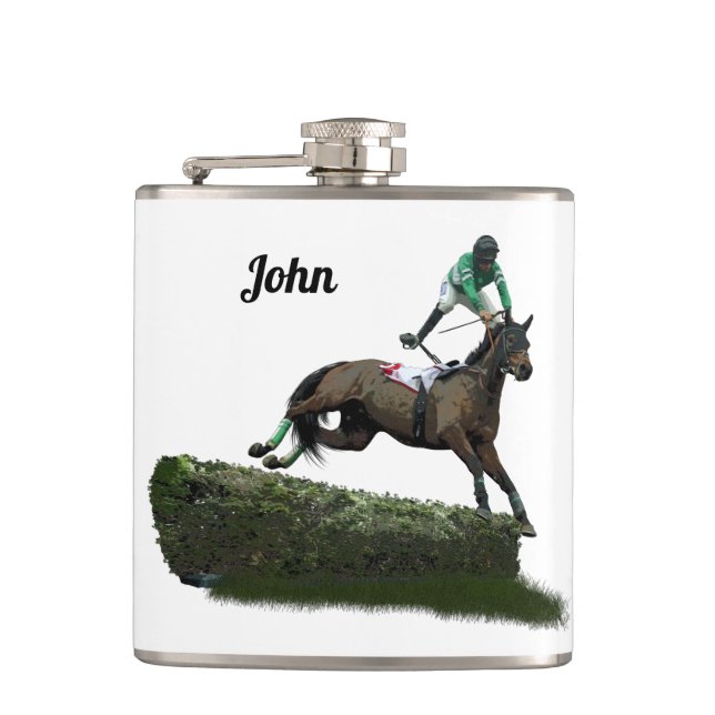 Jumping Horse Jockey in Green Drink Flasche Flachmann (Vorderseite)