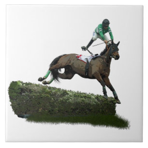 Jumping Horse Jockey in Green Keramik Tile Fliese