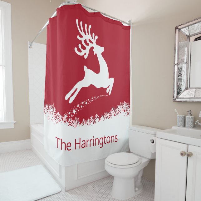 Jumping Reindeer nom personnalisé rideau de douche (En situation)