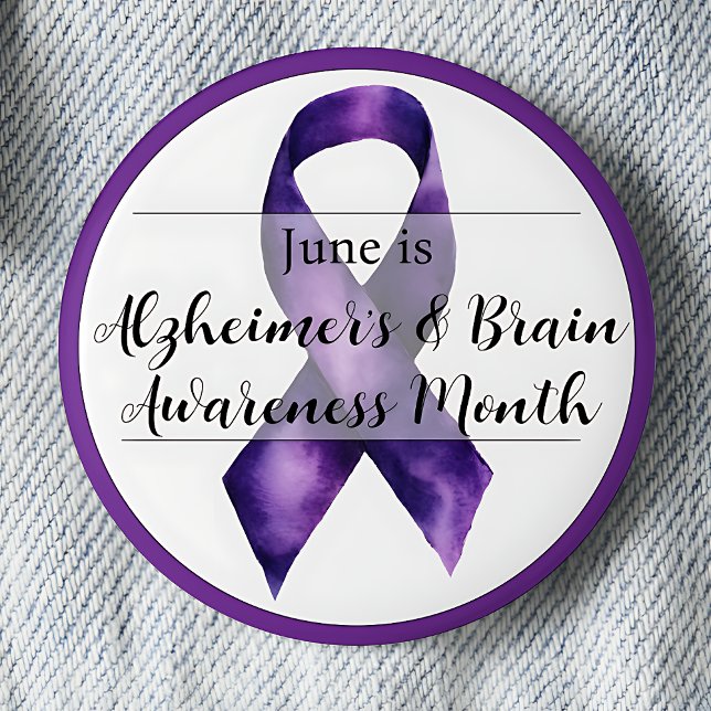 June Alzheimer & Brain Awareness Month Button (Alzheimers and Brain Awareness Month. June. Purple awareness ribbon.)